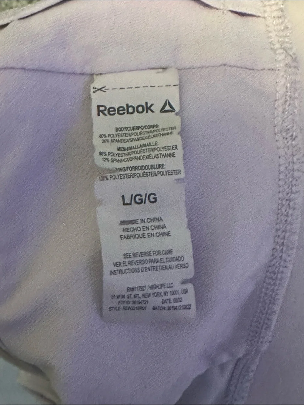 Reebok Women’s Light Lavender Sports Bra - Supportive Racerback (Size Large)